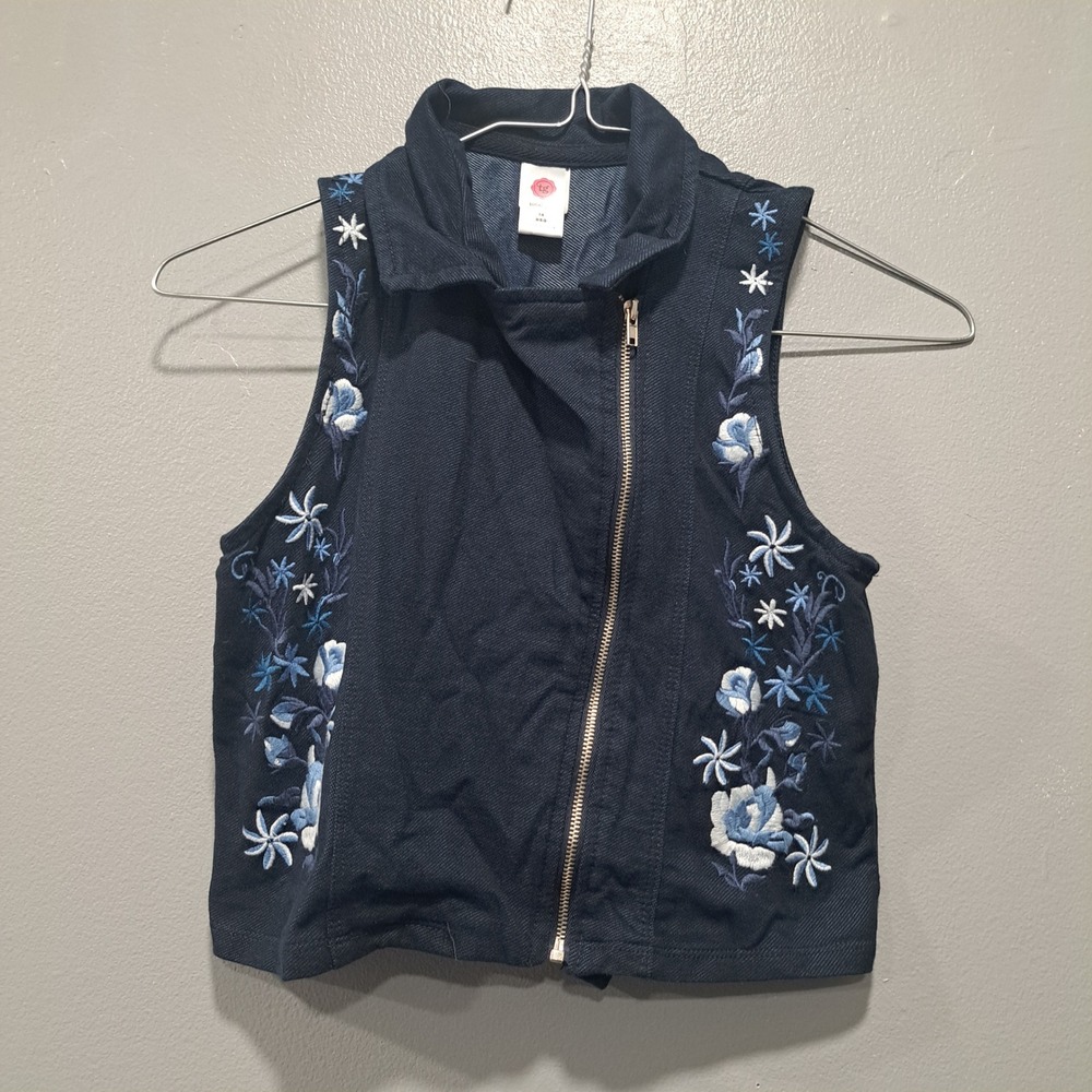 Total Girl Kids Navy Blue Floral Embroidered Moto Vest Asymmetrical Zip Size 14